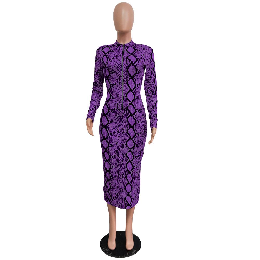 Snake Print Long Sleeve Zipper Bodycon Long Dress - Easy Pickins Store