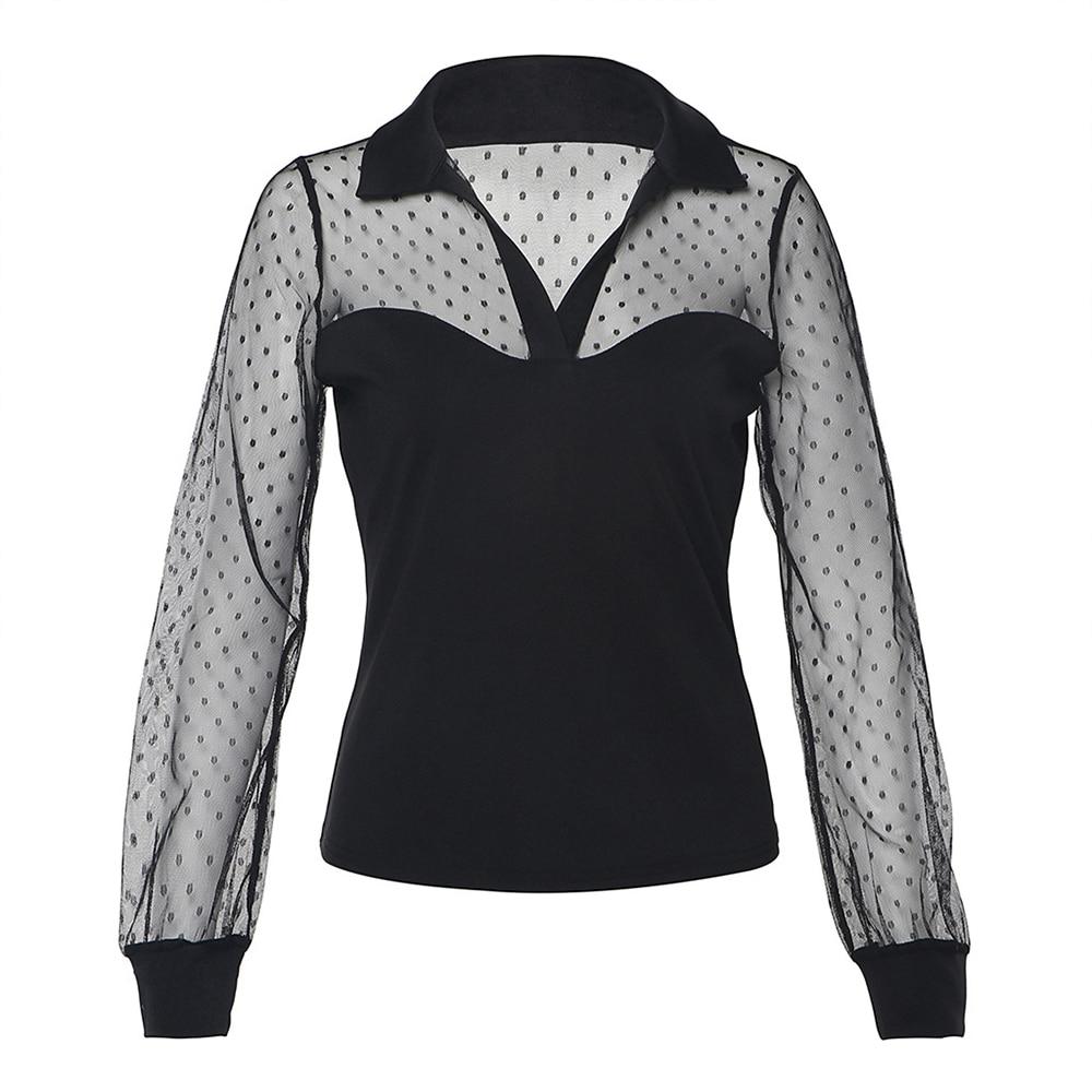 Splicing Mesh Long Sleeved Smock Turn Down Collar Dot T Shirt - Easy Pickins Store