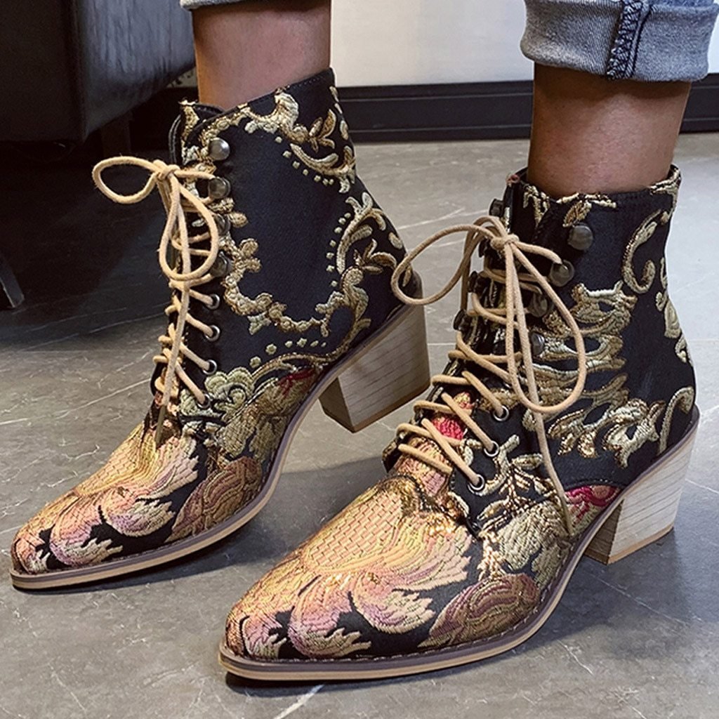 Stylish Embroider Lace Up Pointed Toe High Heels Warm Cowboy Ankle Chelsea Boots - Easy Pickins Store
