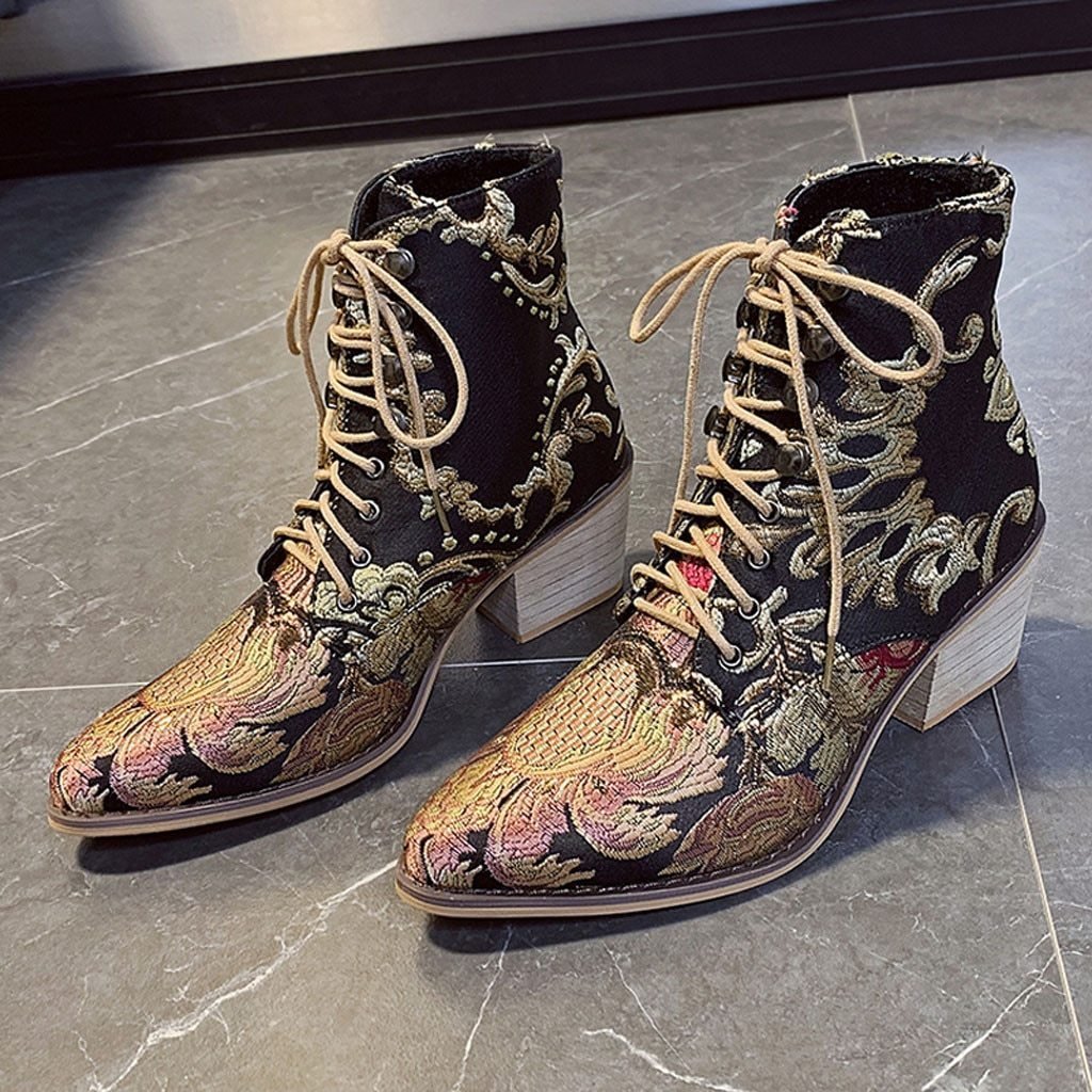 Stylish Embroider Lace Up Pointed Toe High Heels Warm Cowboy Ankle Chelsea Boots - Easy Pickins Store