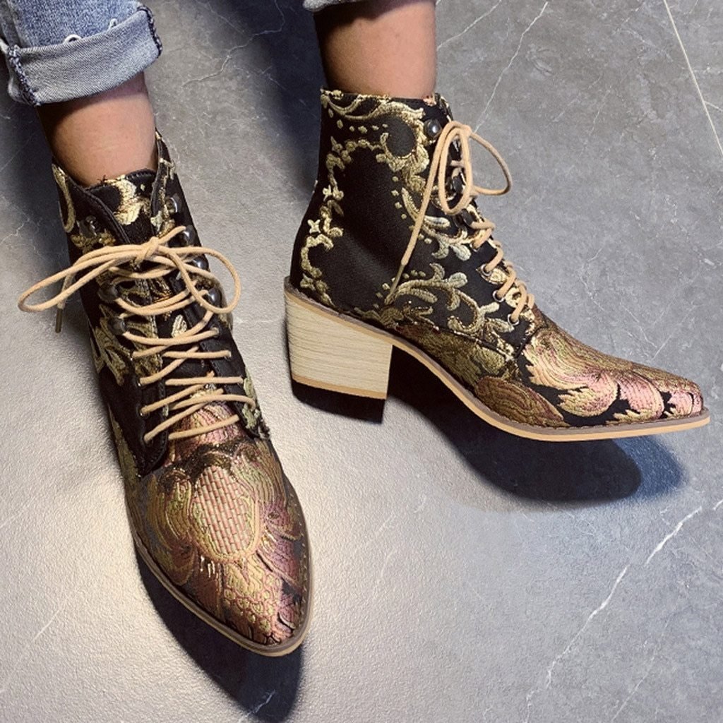 Stylish Embroider Lace Up Pointed Toe High Heels Warm Cowboy Ankle Chelsea Boots - Easy Pickins Store