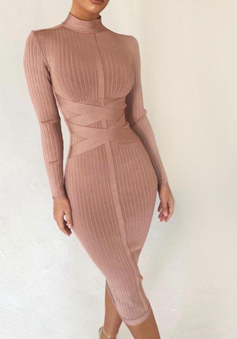 Turtleneck Rayon Long Sleeve Bandage Ribbed Bodycon Dress - Easy Pickins Store