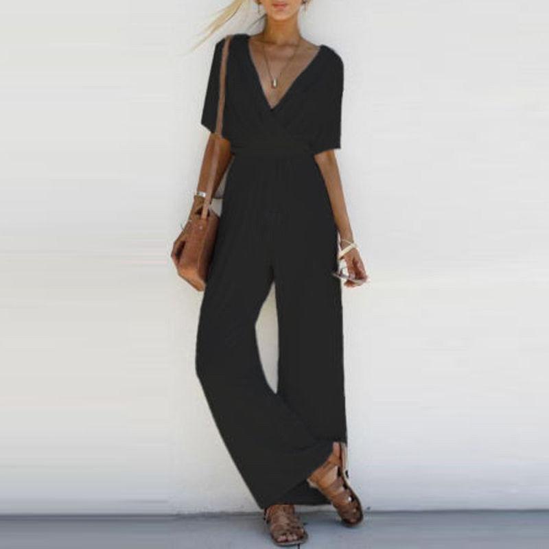V Neck Loose Short Sleeve Jumpsuit - Easy Pickins Store