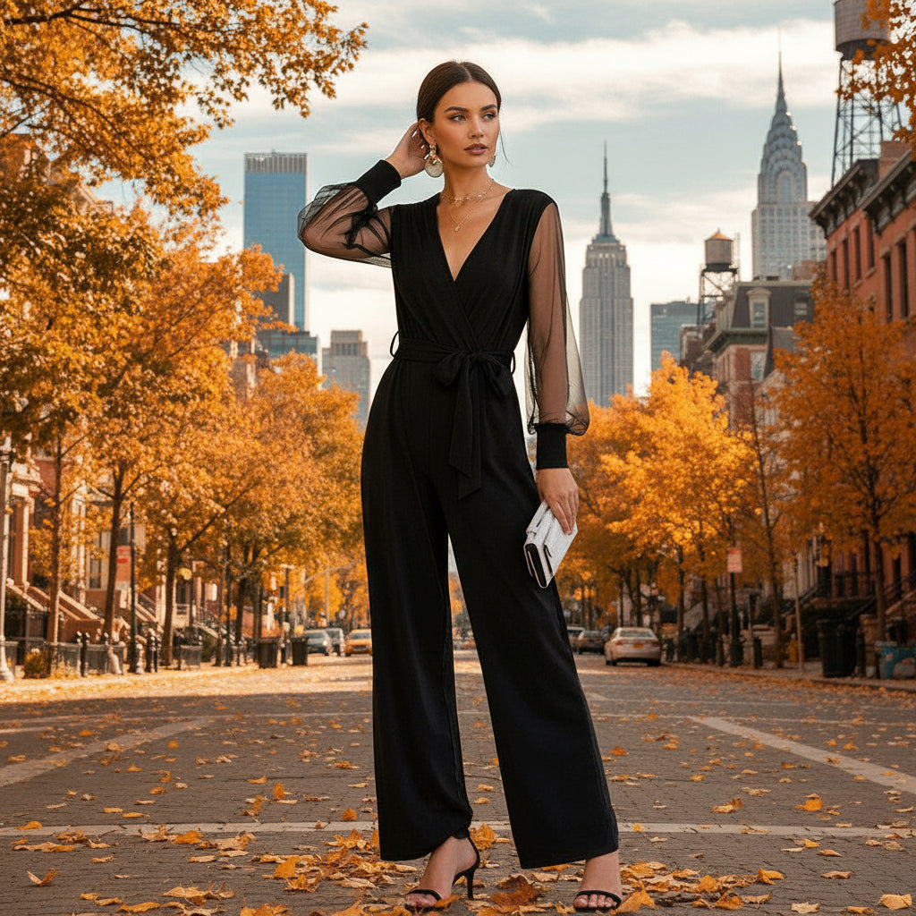V neck Mesh Long Sleeve Lace up Black Jumpsuit - Easy Pickins Store