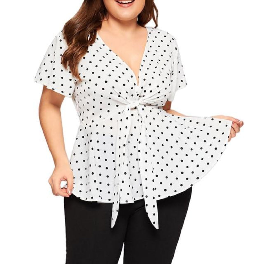 V Neck Short Sleeve Polka Dot Knot Waist Blouse - Easy Pickins Store