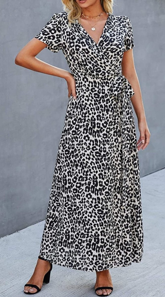 V Neck Wrap Floral Short Sleeve Split Belted Beach Long Dress - Easy Pickins Store