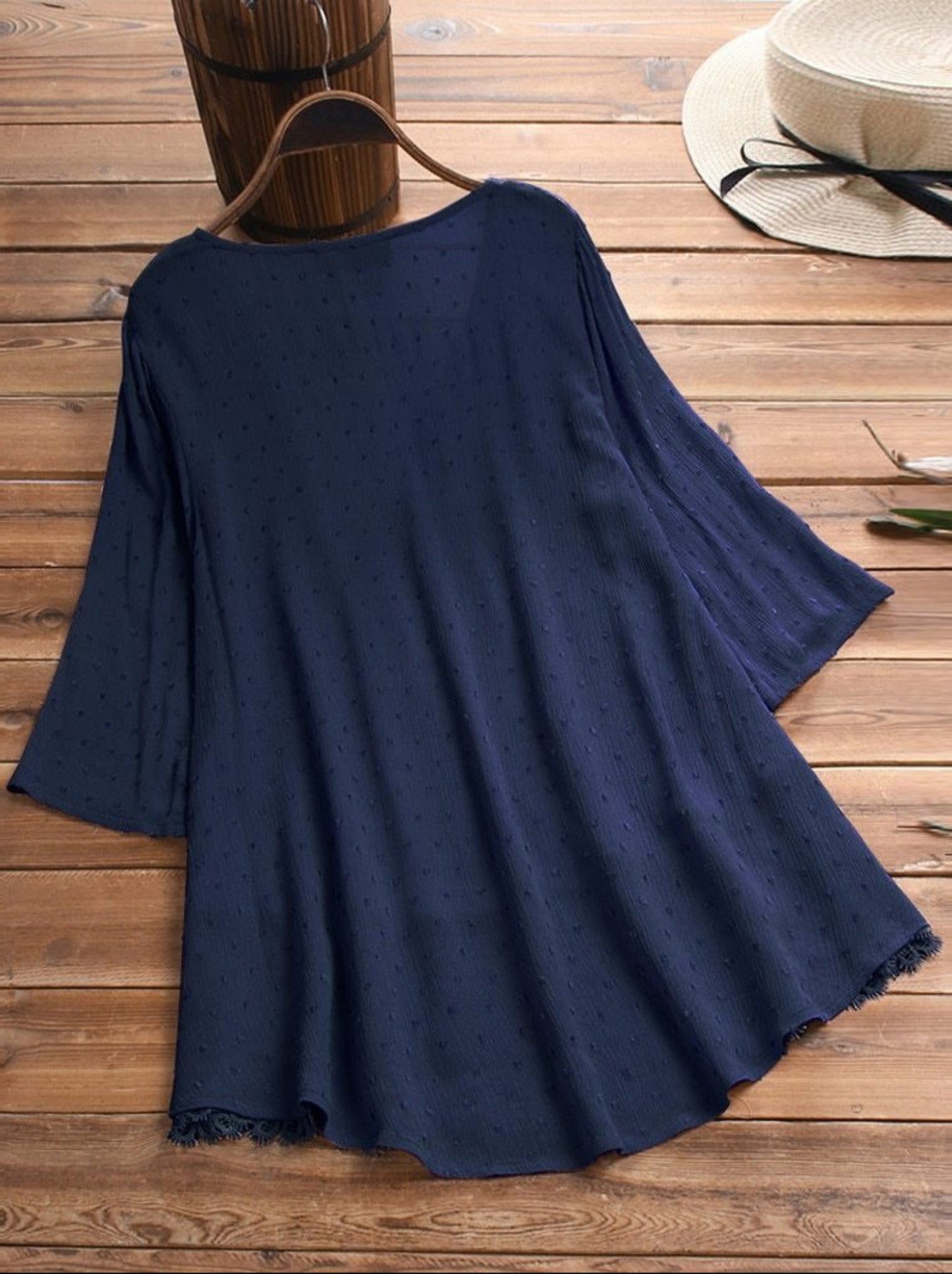 Vintage Jacquard Three Quarter Lace V Neck Button Blouse - Easy Pickins Store