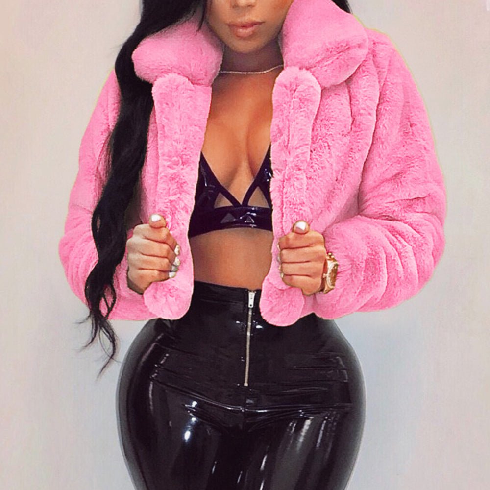 Warm Fluffy Faux Fur Cropped Jacket Turn Down Collar Open Front - Easy Pickins Store