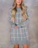 Women Crew Neck Knit Plaid Pullover Sweater Dress - Easy Pickins Store