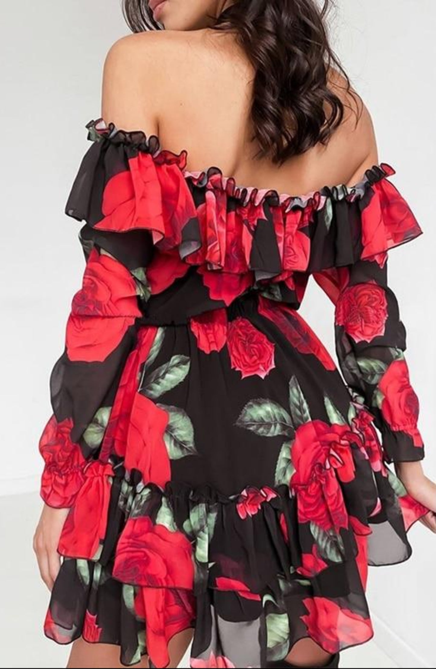 Women Off Shoulder Chiffon Ruffles Flower Long Sleeve Dress - Easy Pickins Store