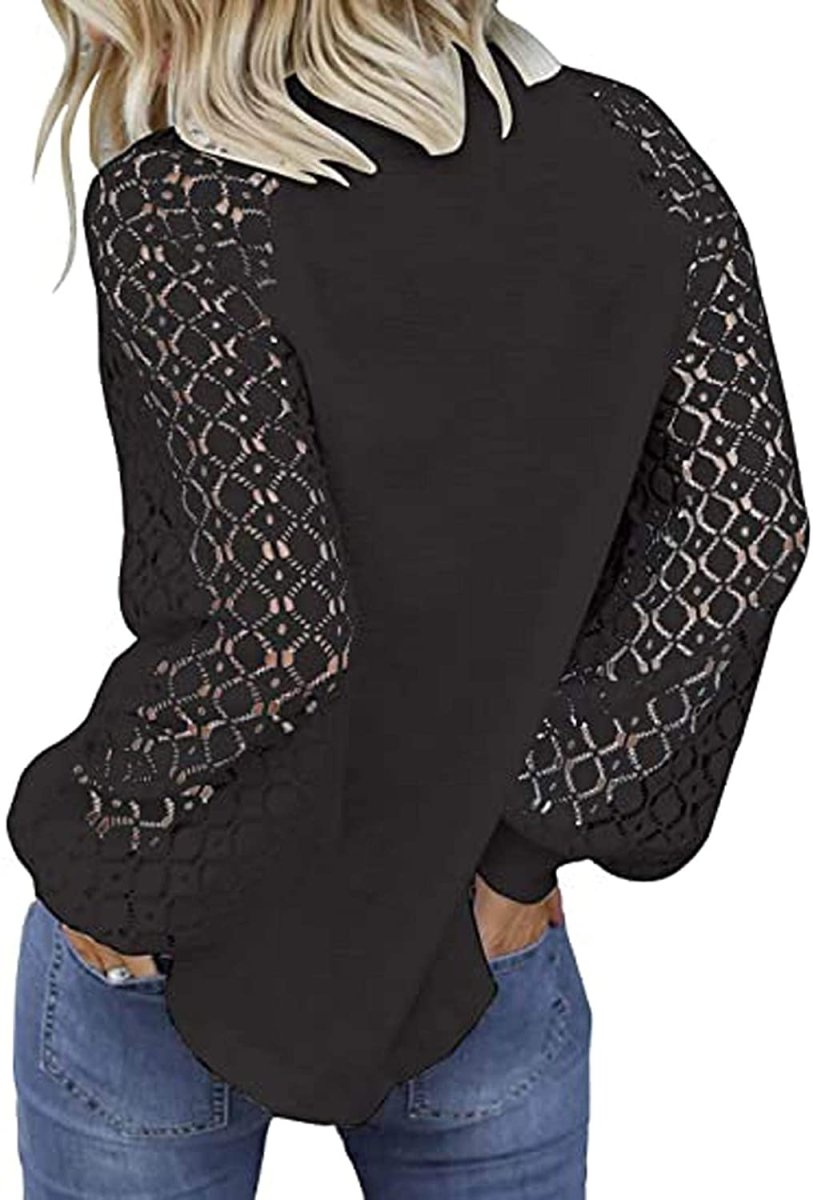 Women's Long Sleeve Tops Lace Hollow Out Waffle Casual Loose Blouse - Easy Pickins Store