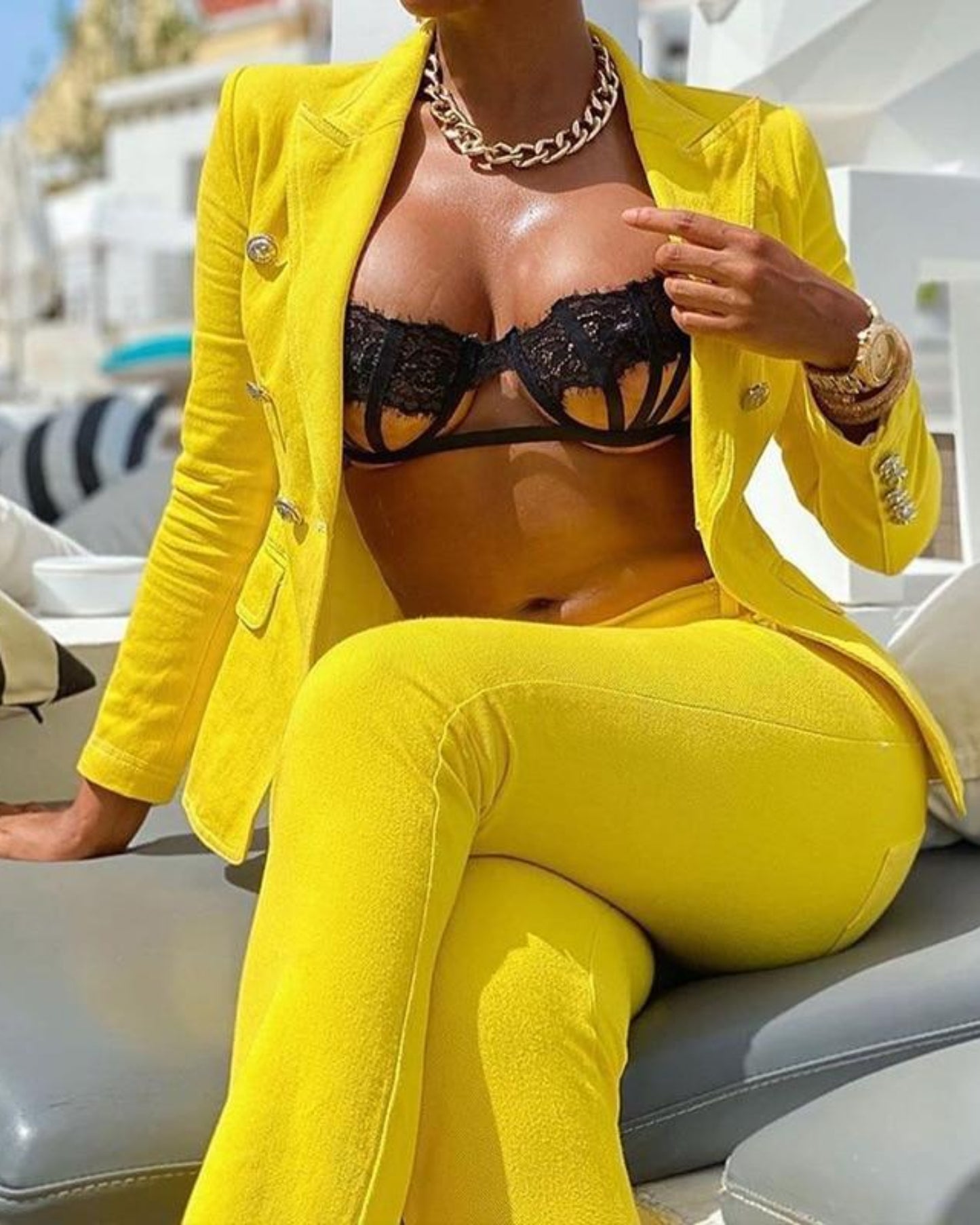 Yellow Single Button Business Suit Slim Fit Long Sleeve Blazer - Easy Pickins Store