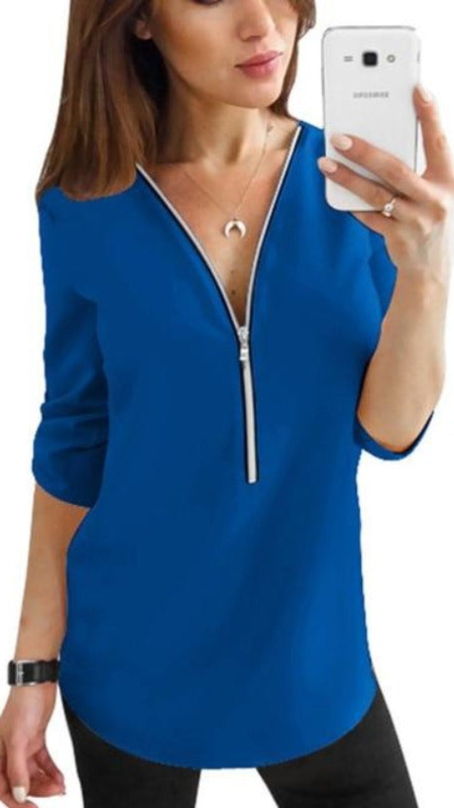 Zipper Short Sleeve Blouse V Neck - Easy Pickins Store