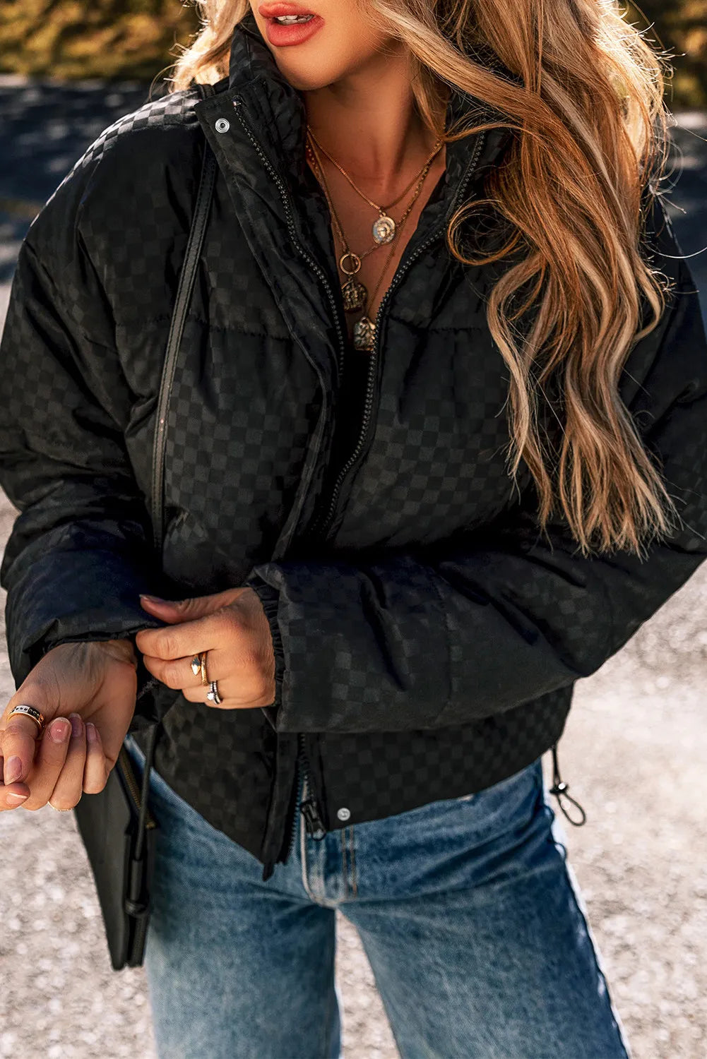 Checkered Turtleneck Zip Up Long Sleeve Winter Coat - Easy Pickins Store