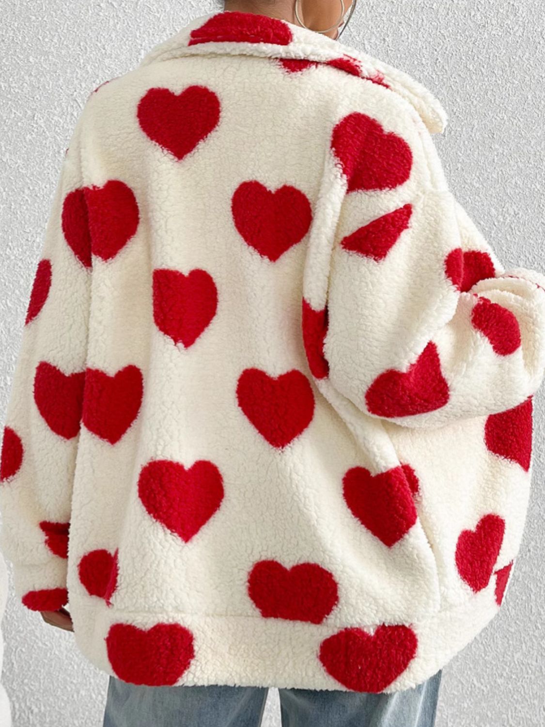 Heart Zip Up Drop Shoulder Furry Jacket - Easy Pickins Store