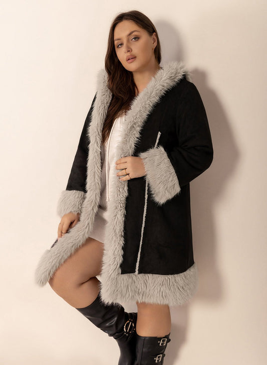Fuzzy Trim Open Front Long Sleeve Hooded Coat - Easy Pickins Store