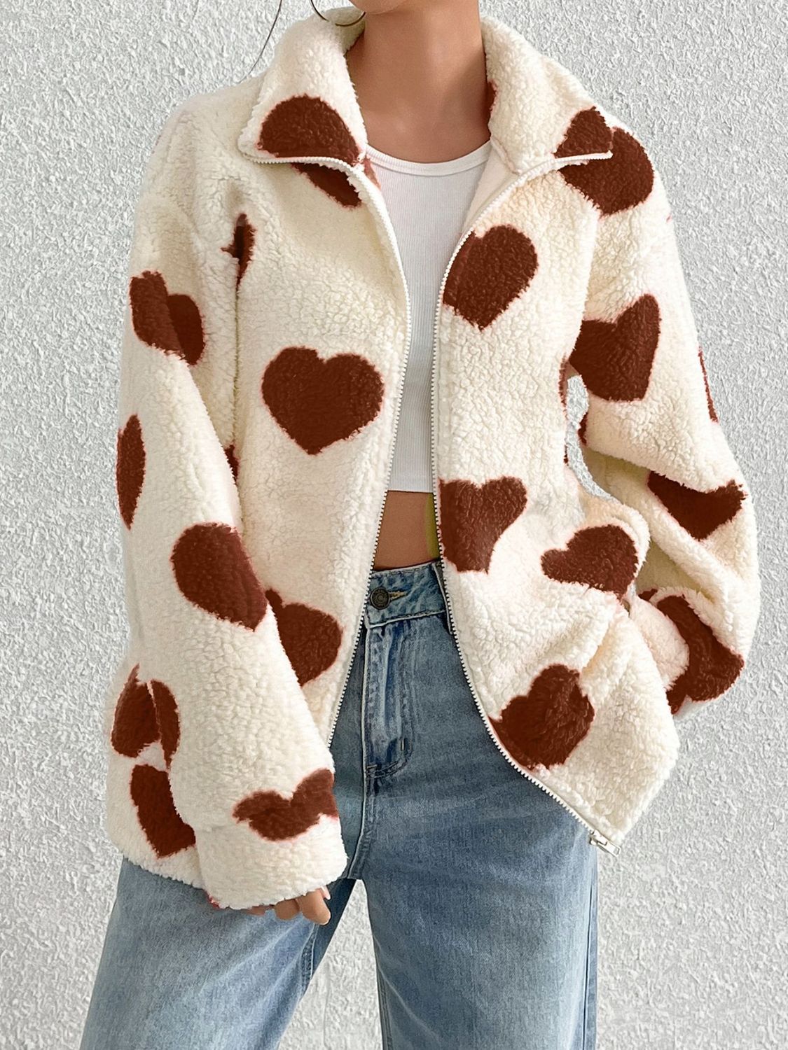 Heart Zip Up Drop Shoulder Furry Jacket - Easy Pickins Store