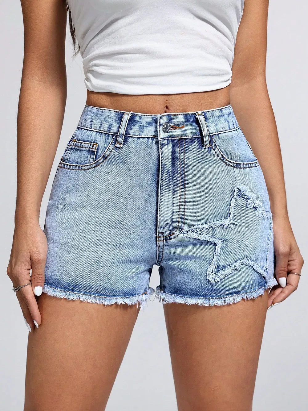 Star Raw Hem Buttoned Denim Shorts - Easy Pickins