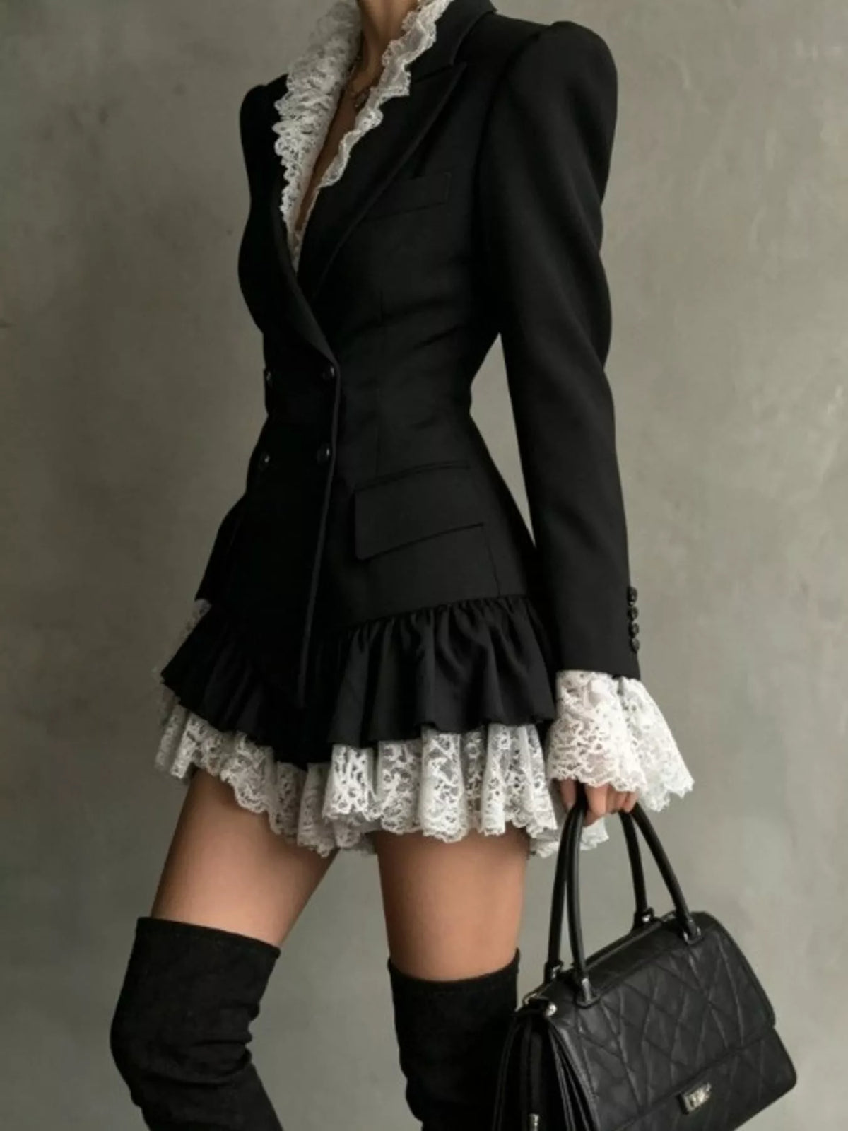 Lace Trim Double-Breasted Blazer Dress