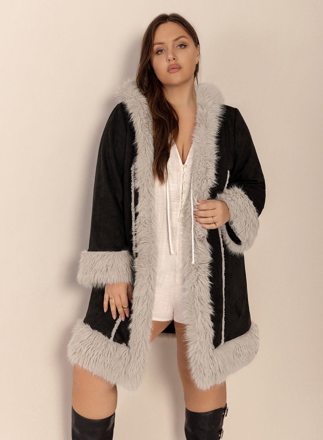 Fuzzy Trim Open Front Long Sleeve Hooded Coat - Easy Pickins Store