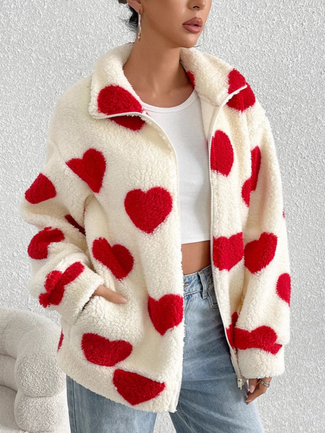 Heart Zip Up Drop Shoulder Furry Jacket - Easy Pickins Store