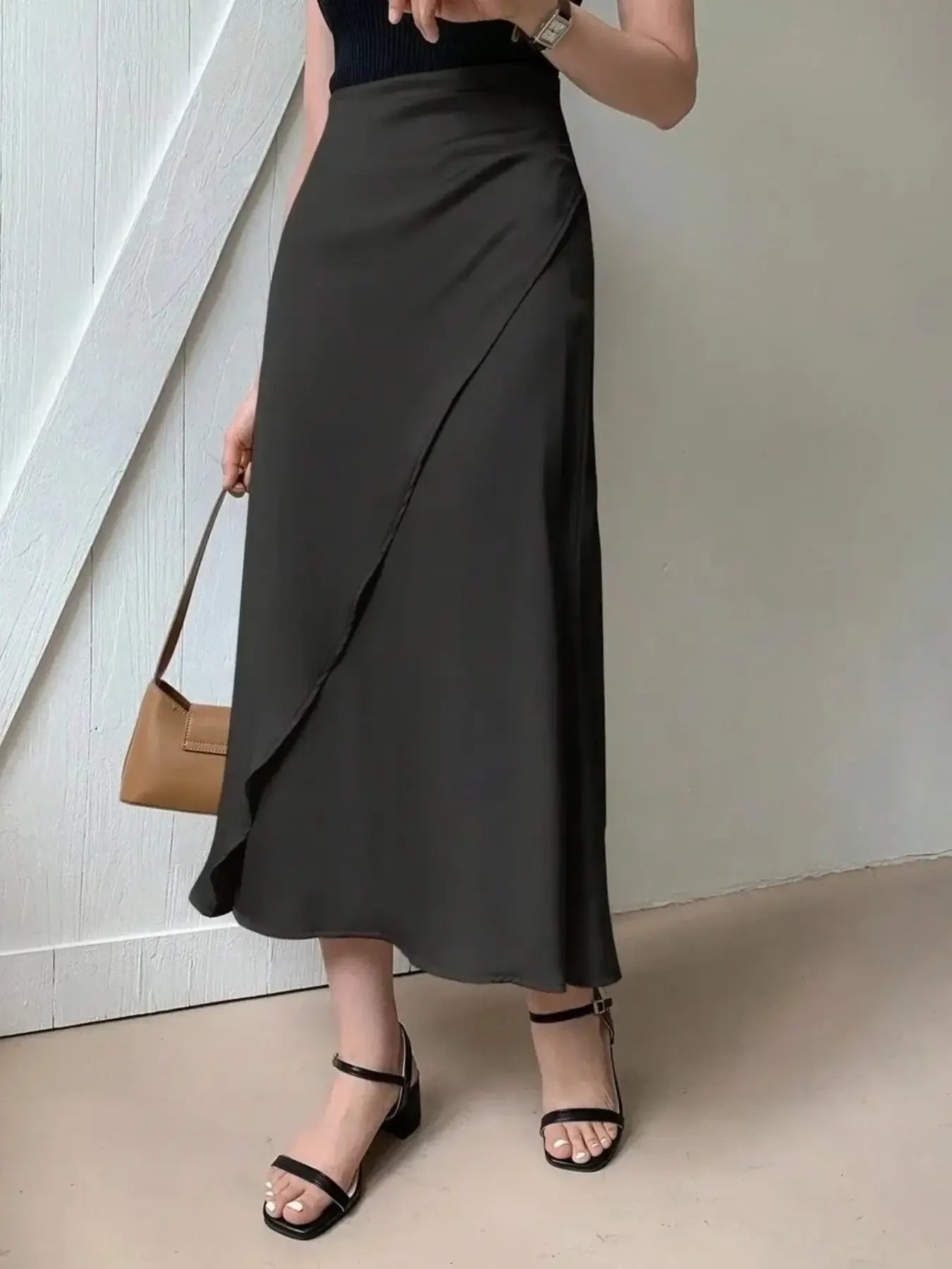 Asymmetric Wrap Midi Skirt with Fluted Hem | Easy Pickins