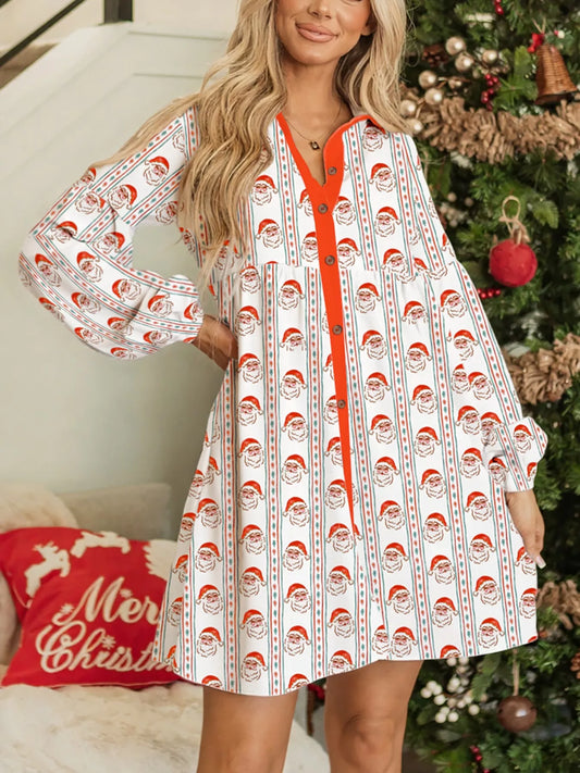 Christmas Santa Print Button Front Mini Dress | Easy Pickins