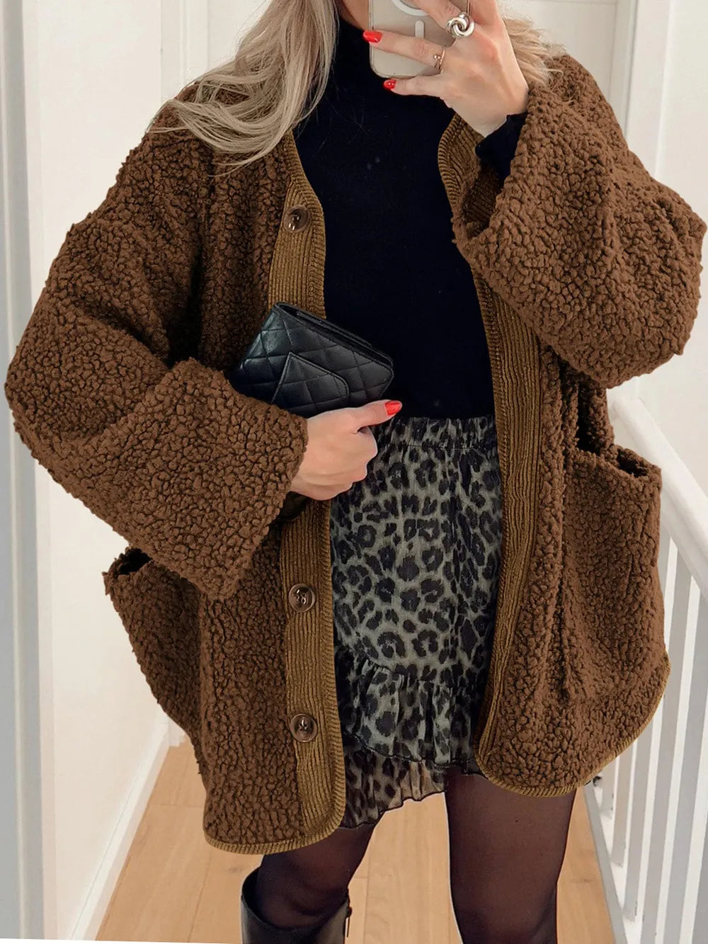 Contrast Button Up Sherpa Jacket with Pockets | Easy Pickins