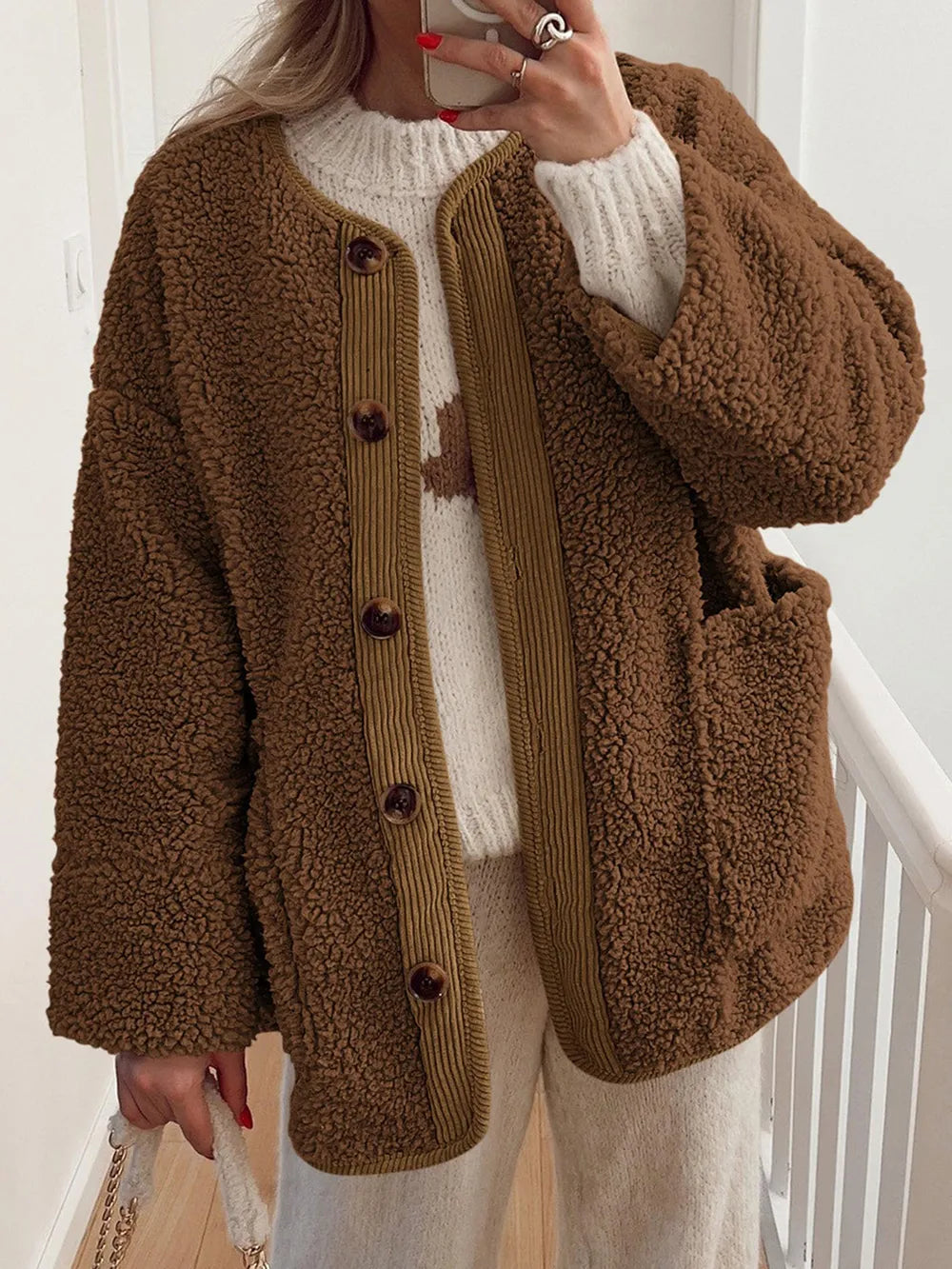 Contrast Button Up Sherpa Jacket with Pockets | Easy Pickins