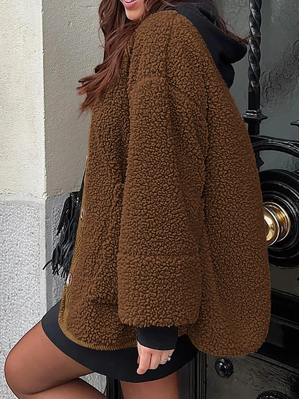 Contrast Button Up Sherpa Jacket with Pockets | Easy Pickins