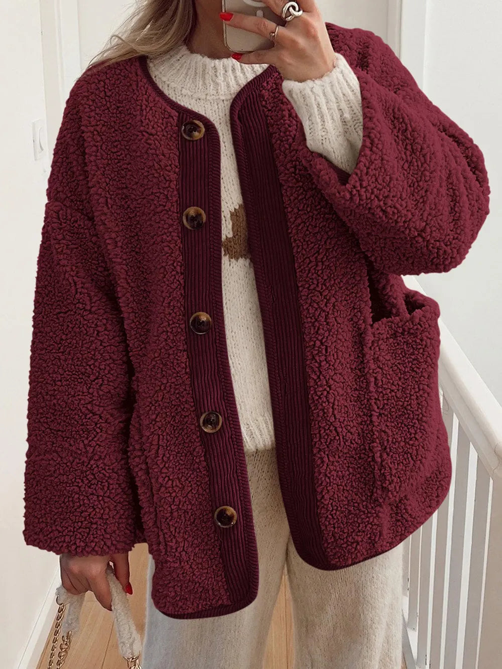 Contrast Button Up Sherpa Jacket with Pockets | Easy Pickins