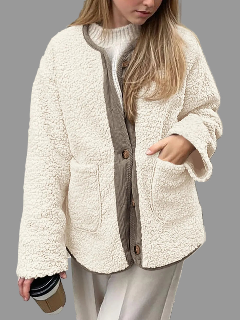 Contrast Button Up Sherpa Jacket with Pockets | Easy Pickins