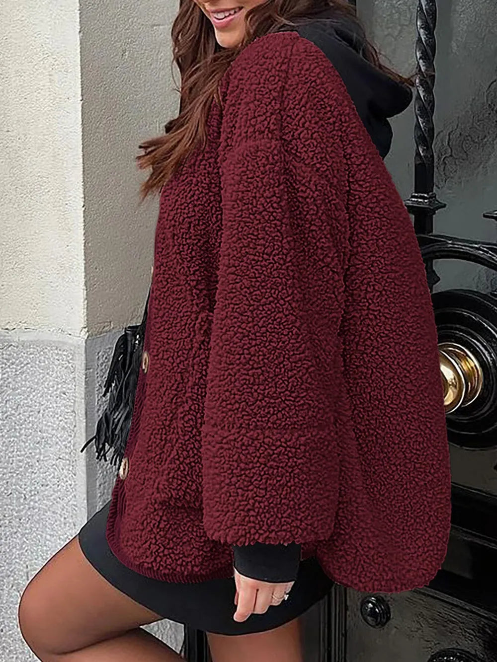 Contrast Button Up Sherpa Jacket with Pockets | Easy Pickins