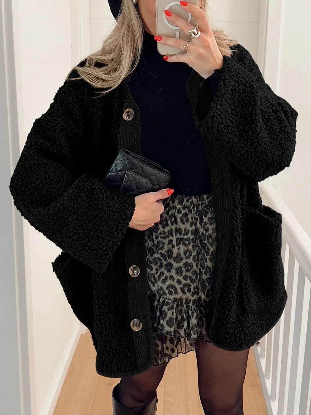 Contrast Button Up Sherpa Jacket with Pockets | Easy Pickins