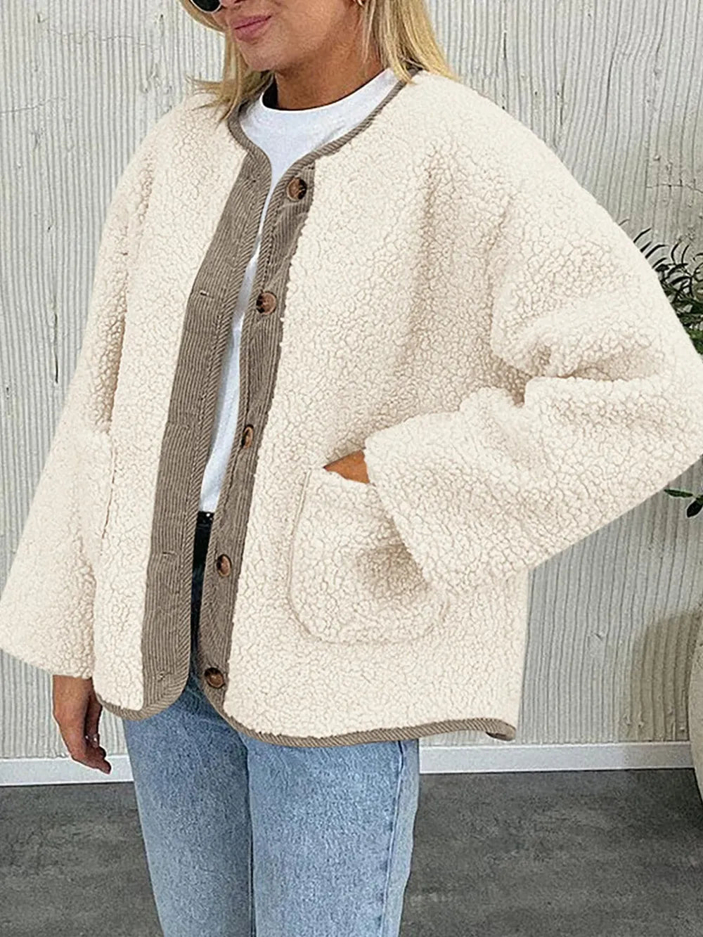 Contrast Button Up Sherpa Jacket with Pockets | Easy Pickins