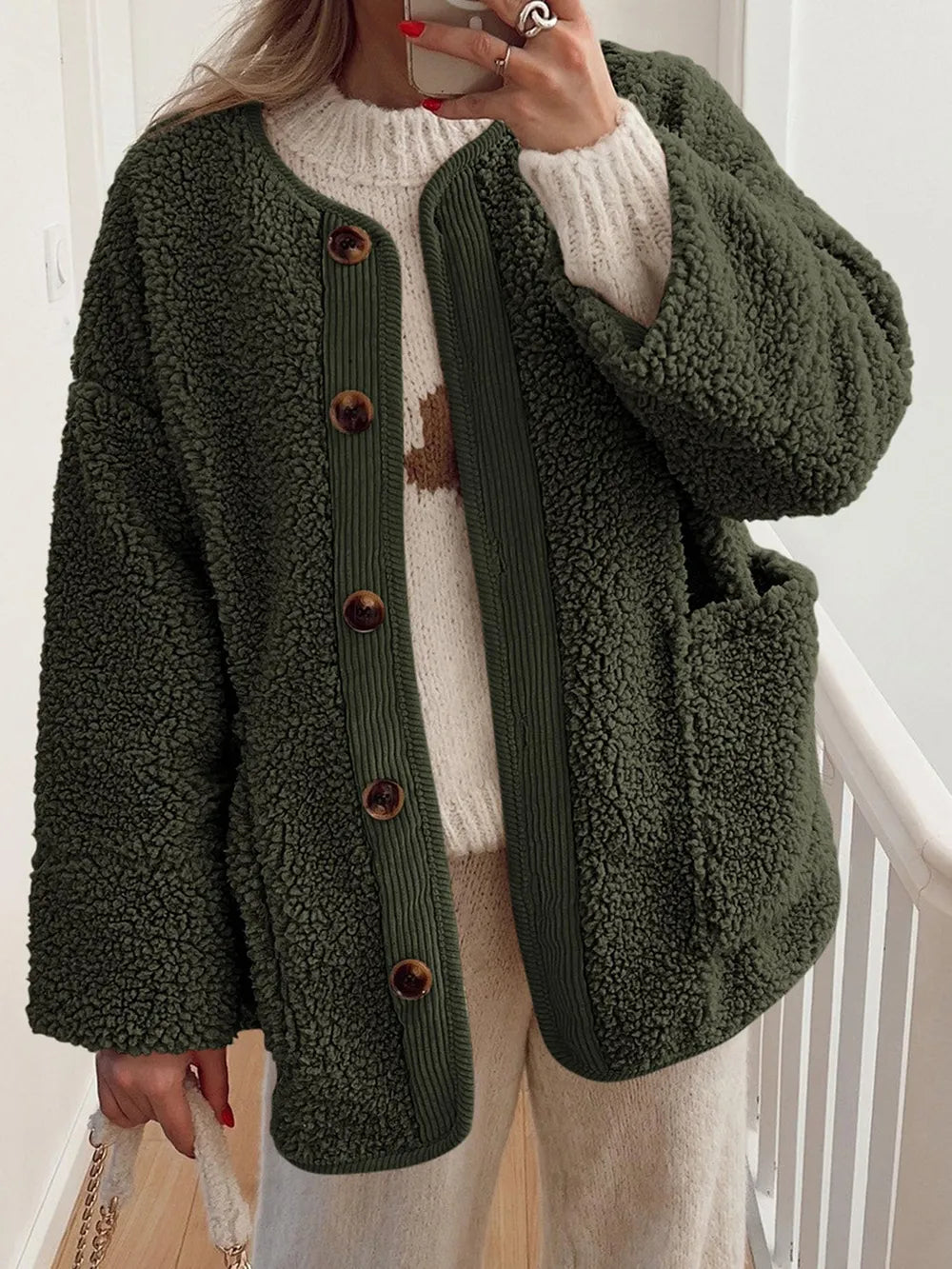 Contrast Button Up Sherpa Jacket with Pockets | Easy Pickins