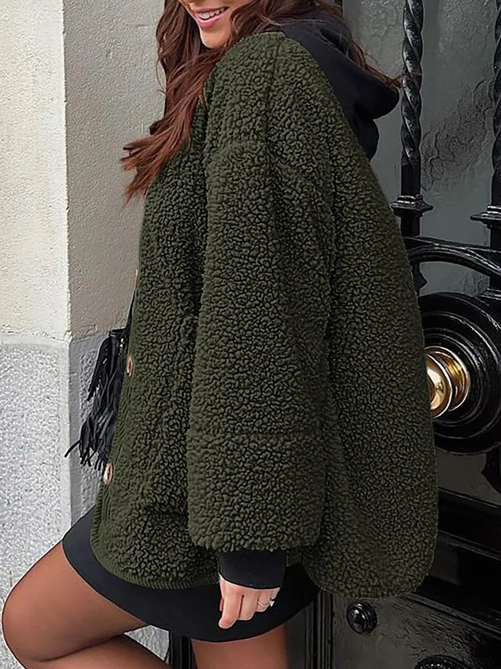 Contrast Button Up Sherpa Jacket with Pockets | Easy Pickins