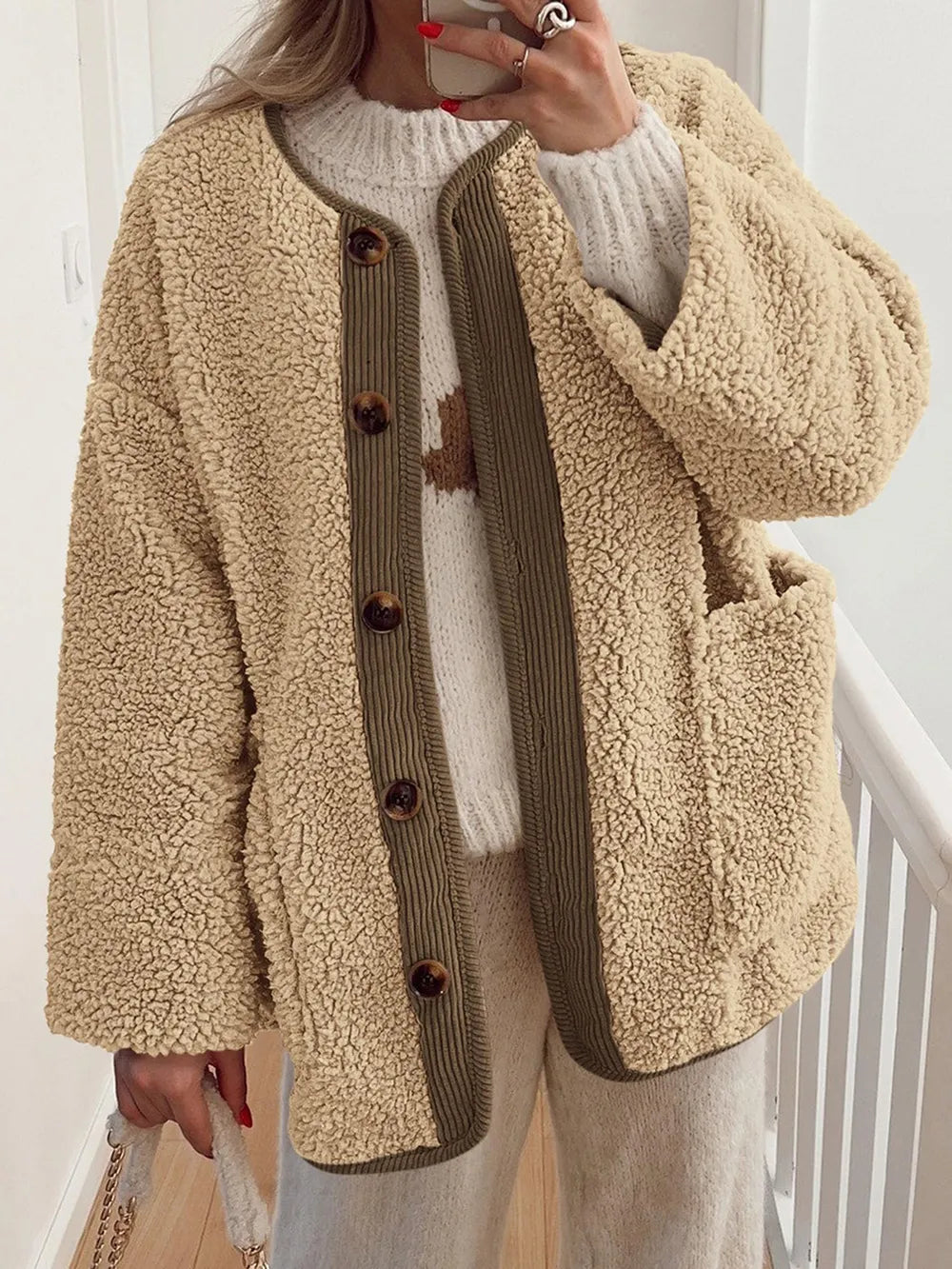 Contrast Button Up Sherpa Jacket with Pockets | Easy Pickins