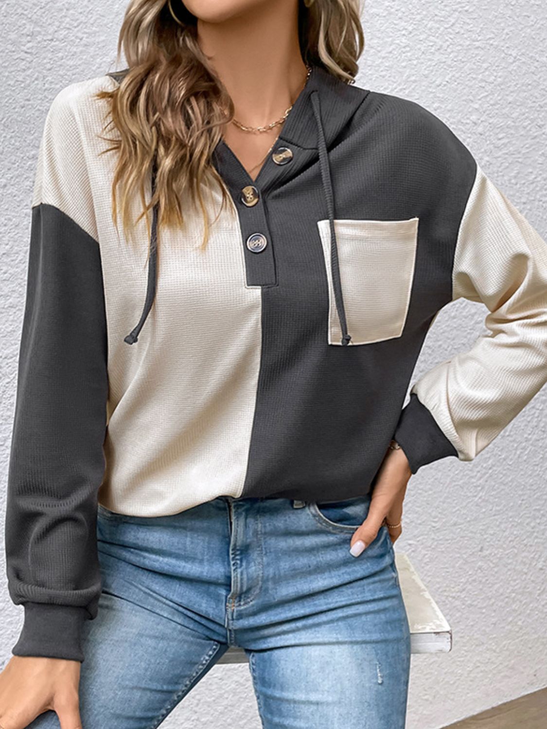 Contrast Color Button-Up Raglan Sleeve Hoodie | Easy Pickins