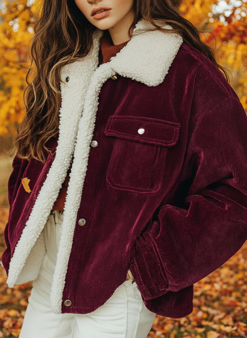 Sherpa Collar Corduroy Button-Up Jacket | Easy Pickins