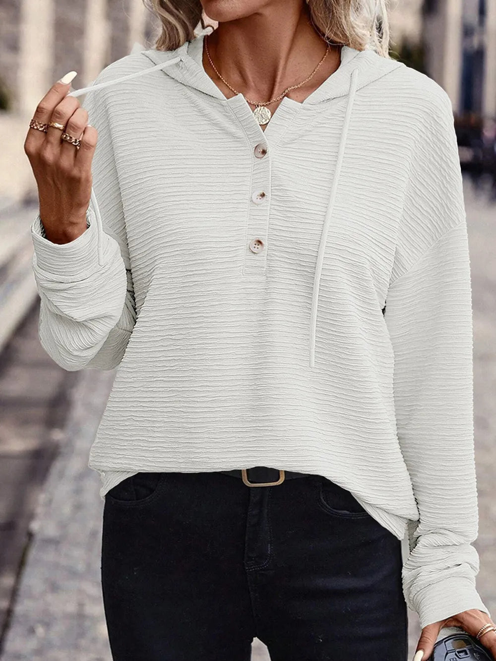 Drawstring Quarter Button Long Sleeve Hoodie | Easy Pickins