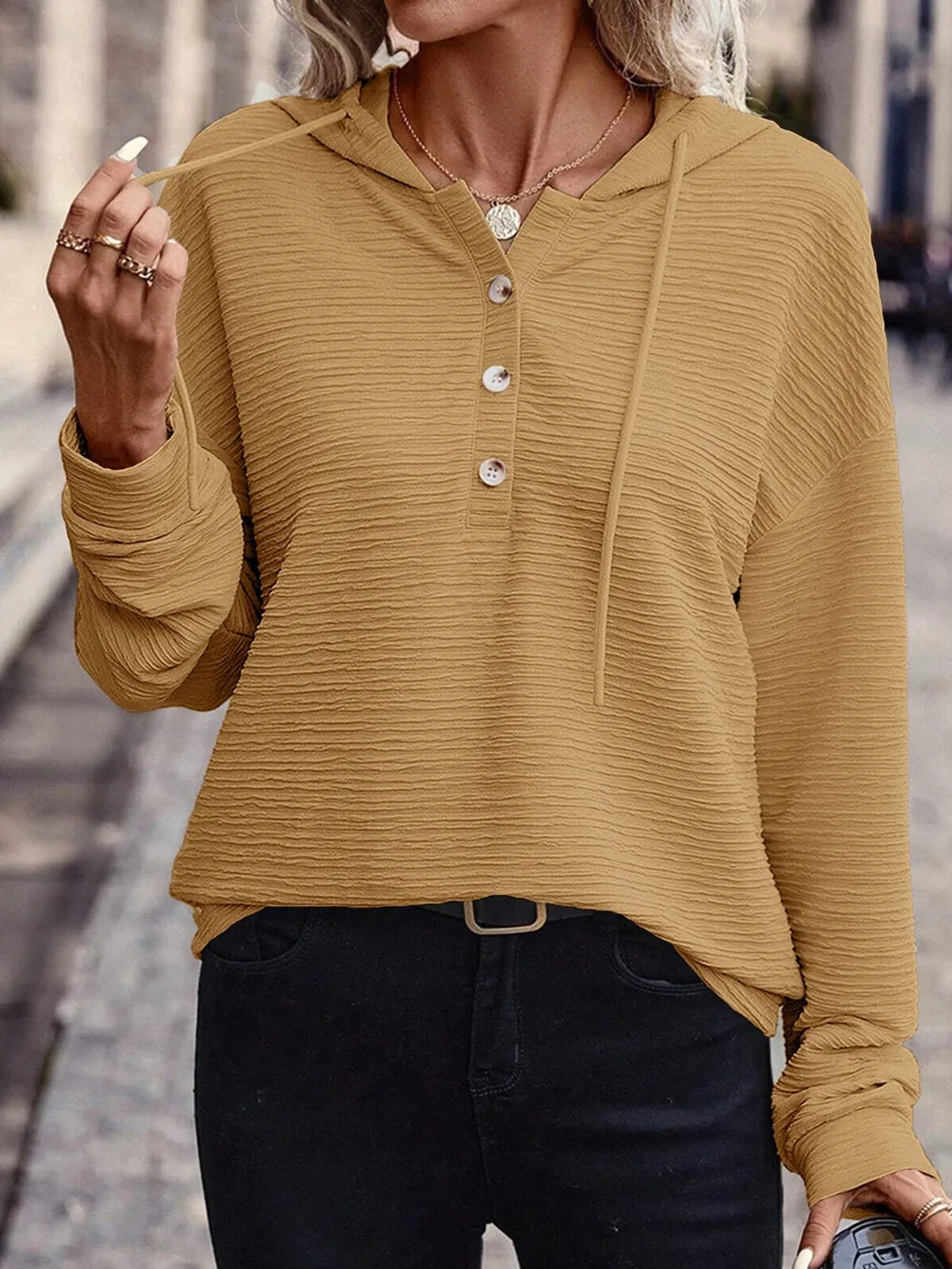 Drawstring Quarter Button Long Sleeve Hoodie | Easy Pickins