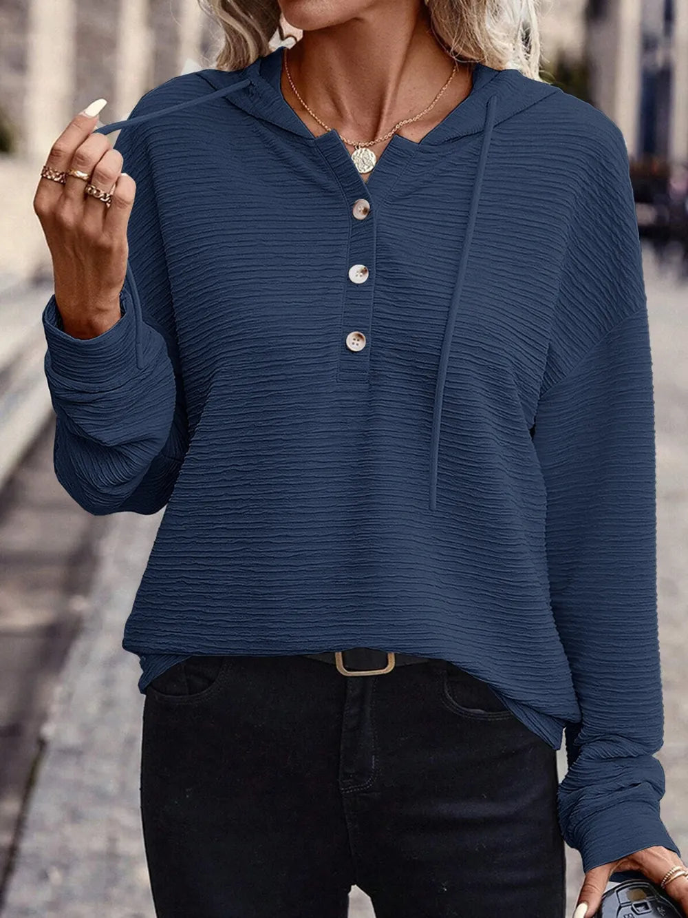 Drawstring Quarter Button Long Sleeve Hoodie | Easy Pickins