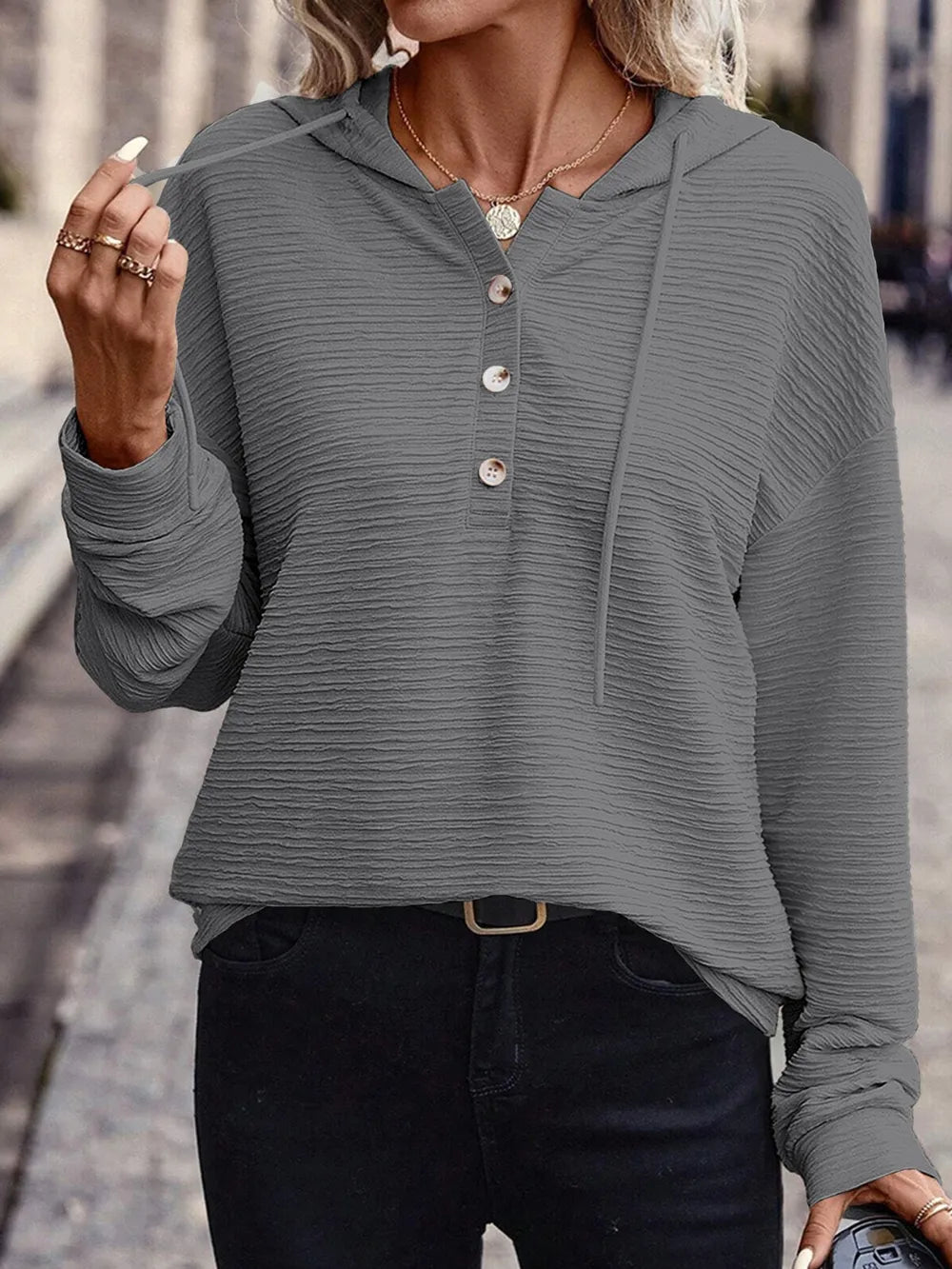 Drawstring Quarter Button Long Sleeve Hoodie | Easy Pickins