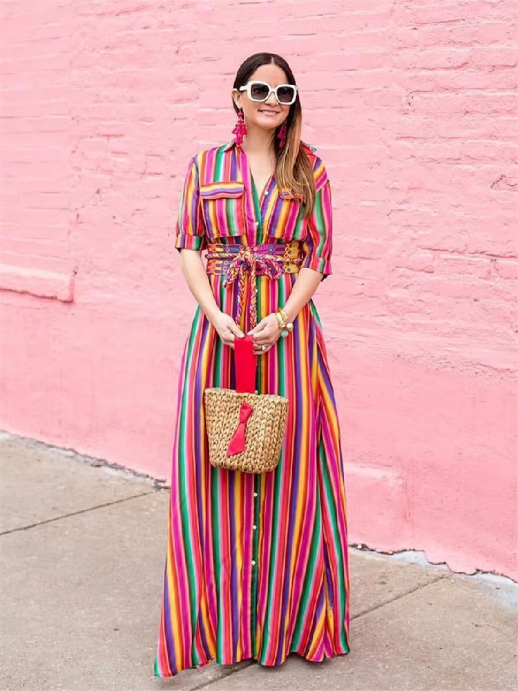 Dress Long Sleeve Striped Multicolor Loose Button