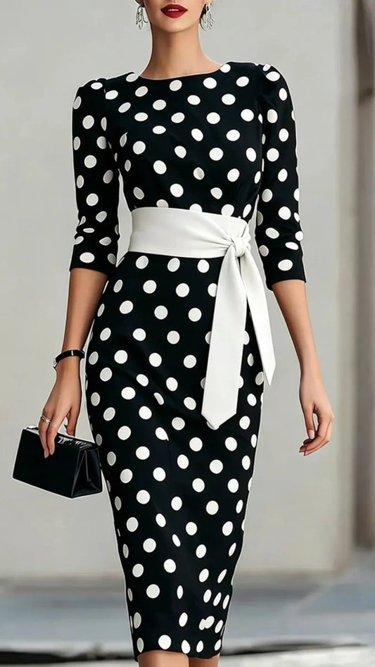 Full Size Polka Dot 3/4 Sleeve Dress