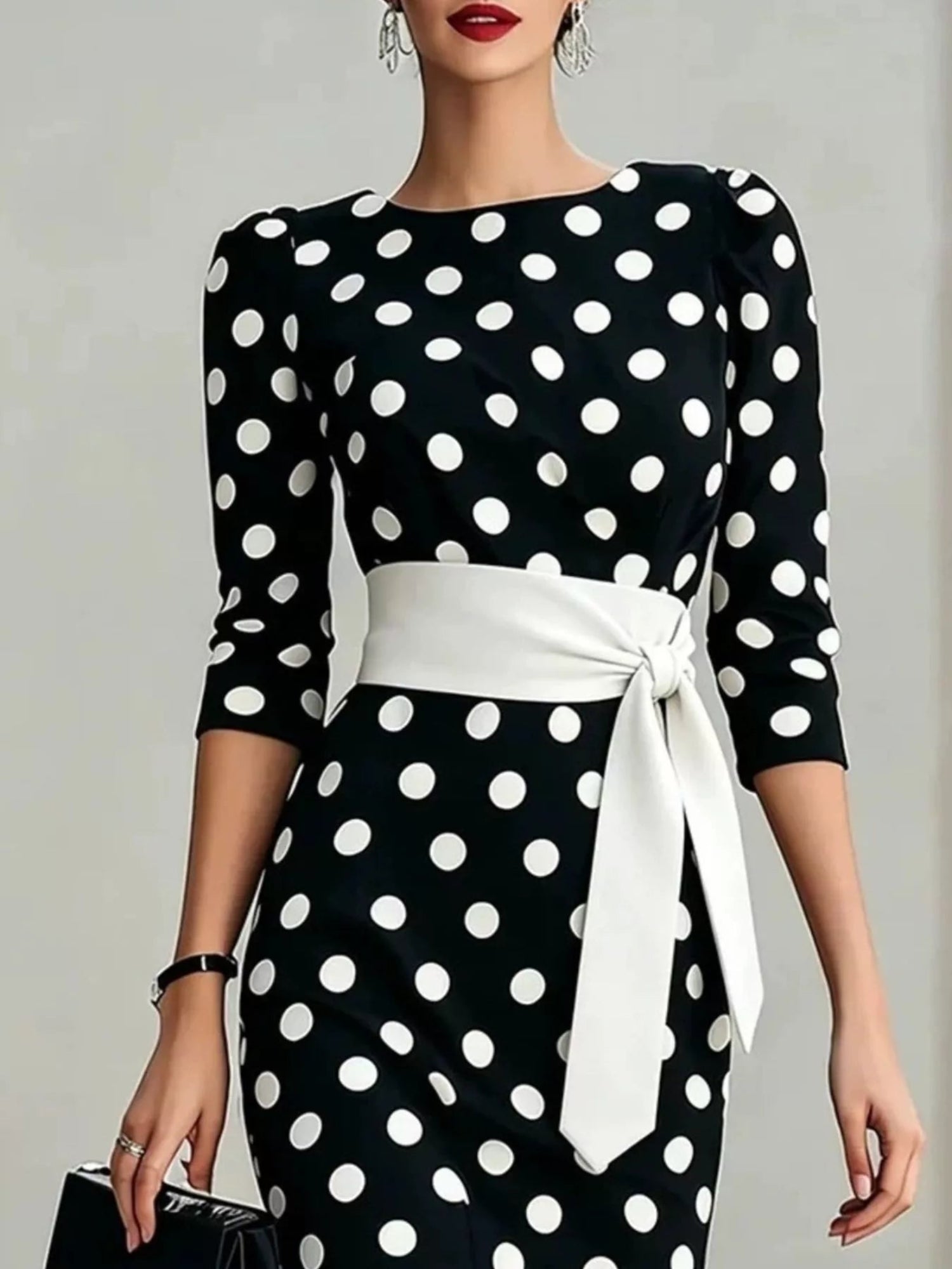 Full Size Polka Dot 3/4 Sleeve Dress