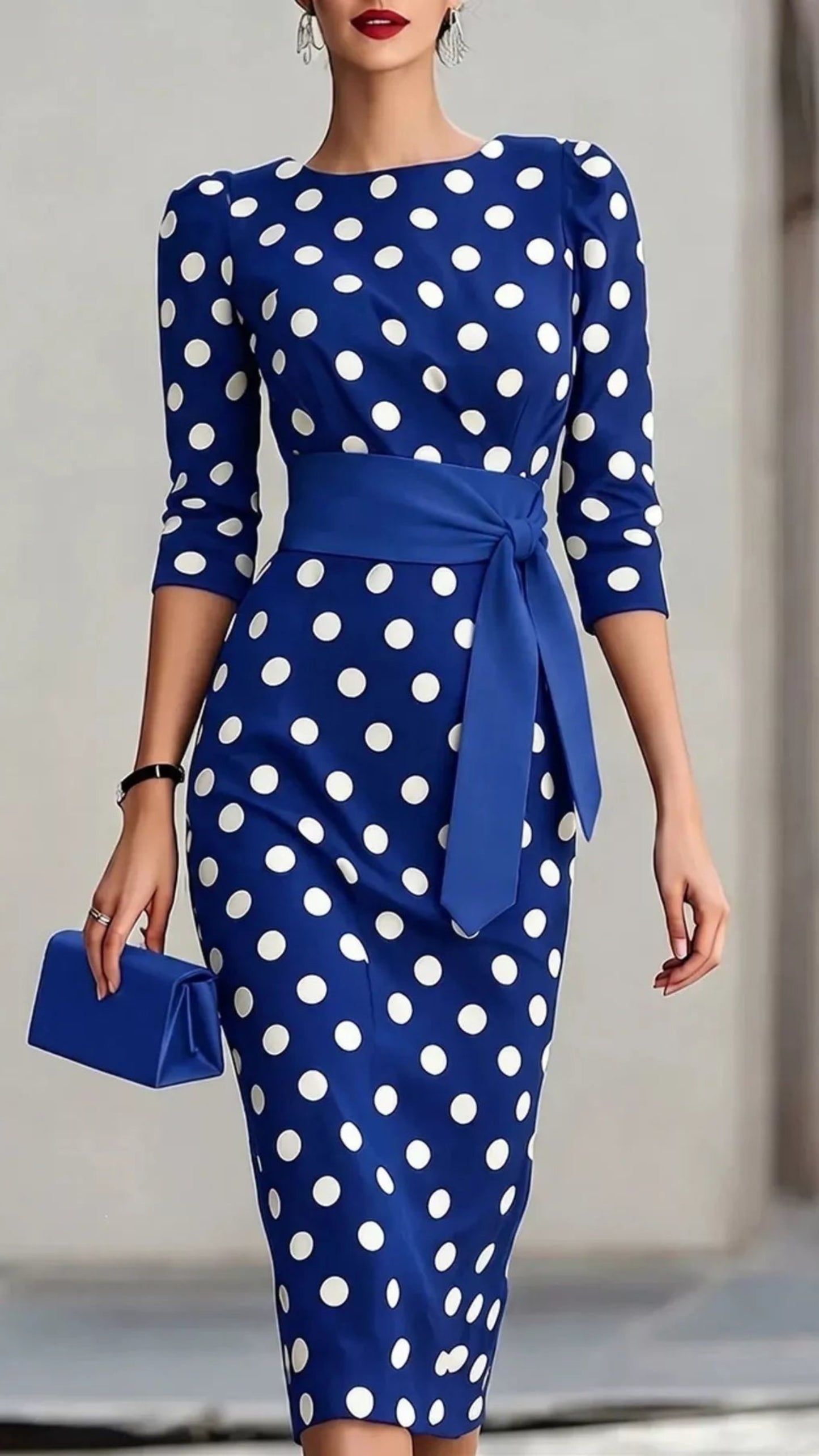 Full Size Polka Dot 3/4 Sleeve Dress
