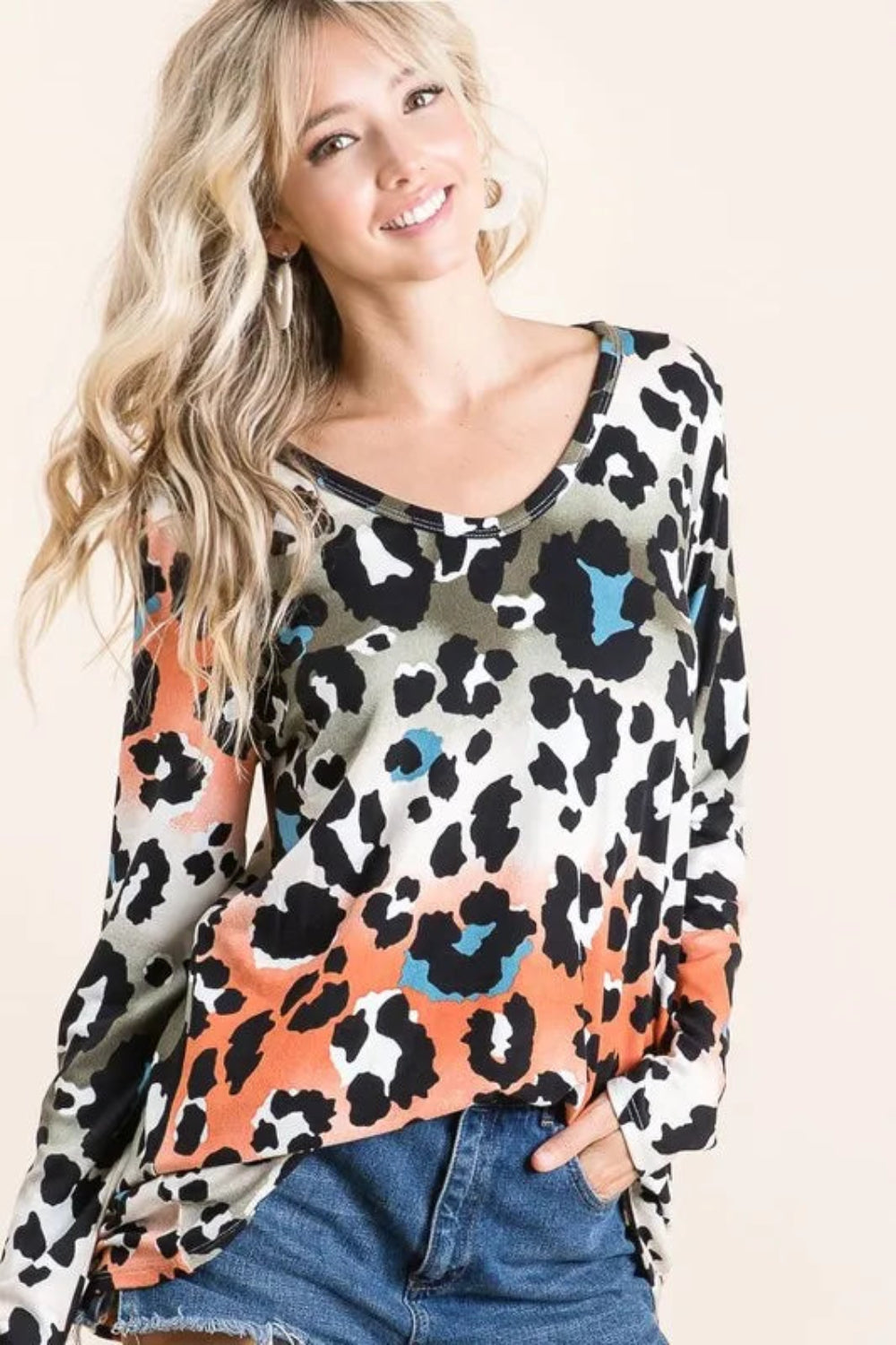 Gradation Leopard Print Soft Knit Deep U Neck Top | Easy Pickins