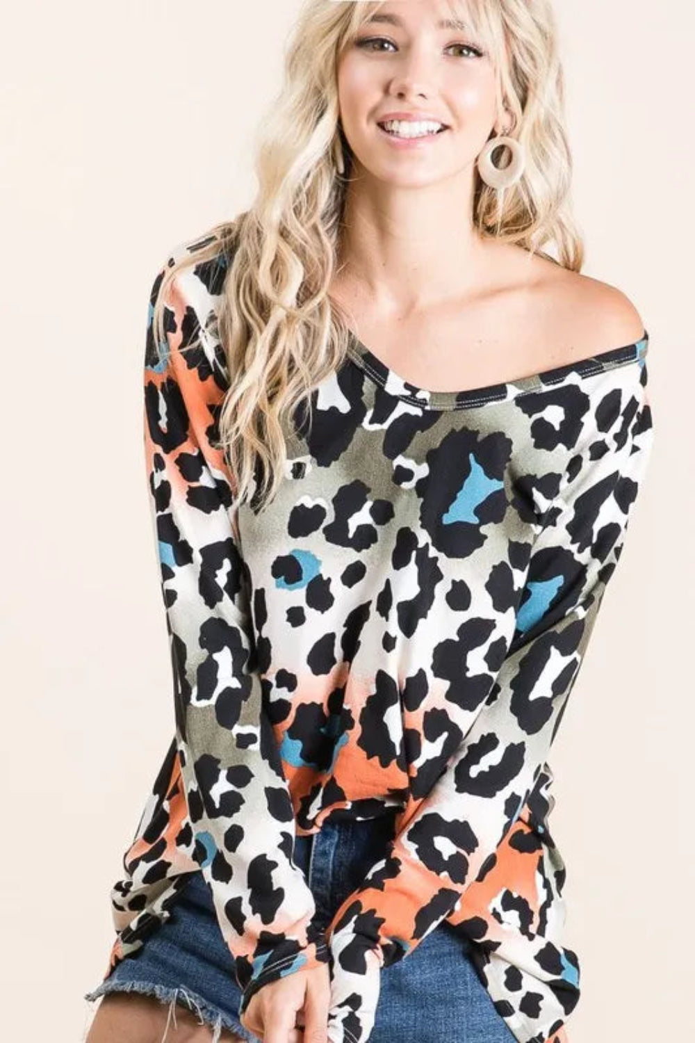 Gradation Leopard Print Soft Knit Deep U Neck Top | Easy Pickins
